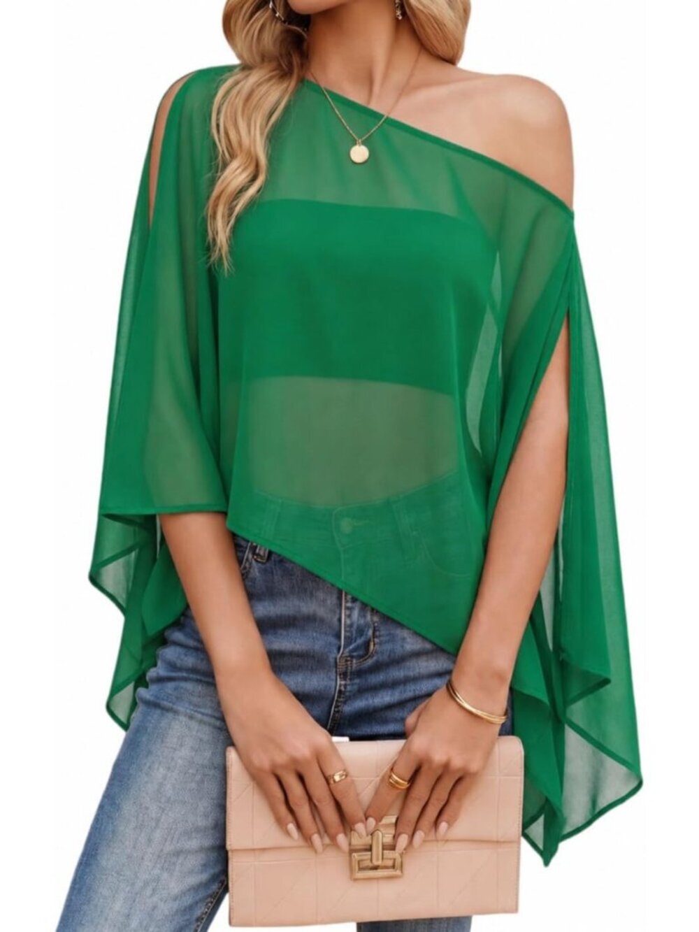 Women's Green Off Shoulder Chiffon Top Batwing Slit Sleeve Sheer Loose Blouse